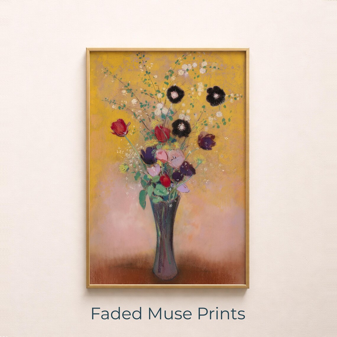 Vintage Floral Vase Painting Golden Yellow Romantic Still Life Poster