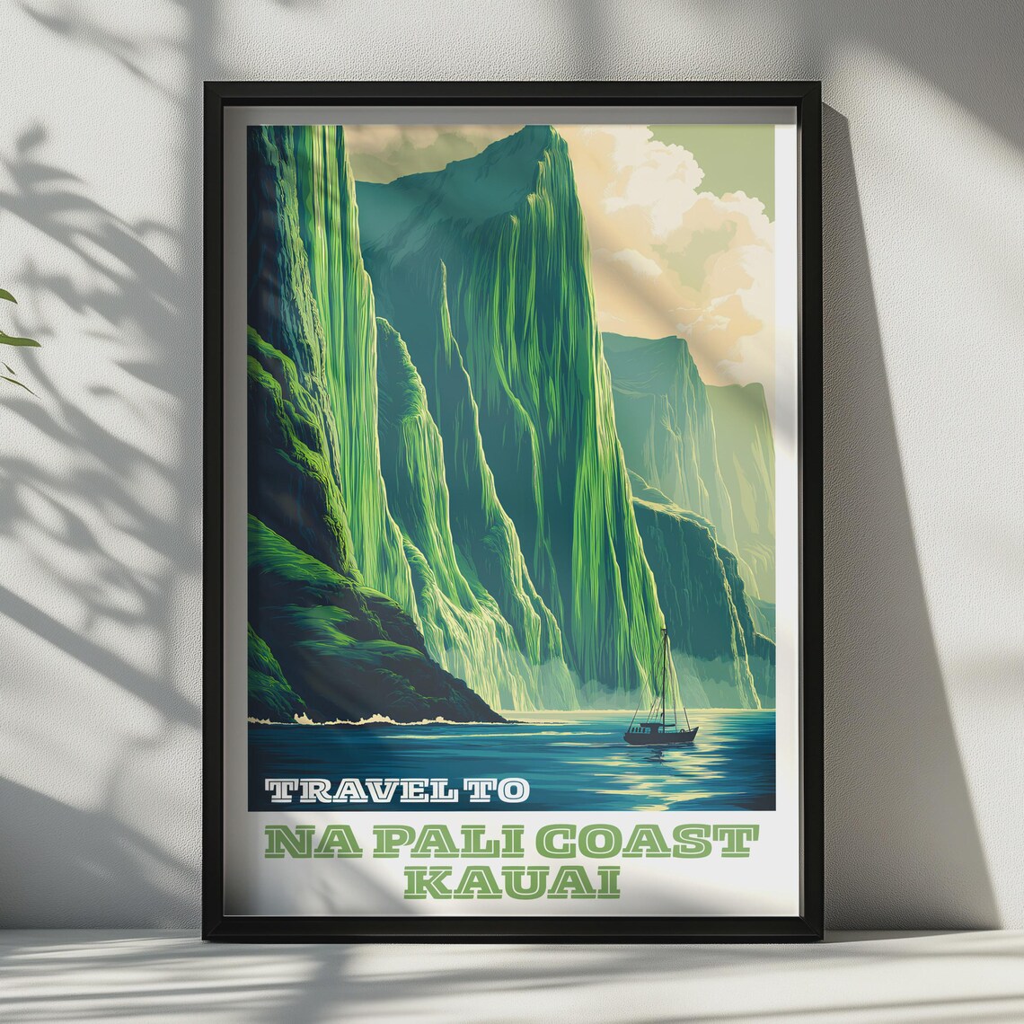 Na Pali Coast Kauai Travel Poster Green Cliffs Sailboat Hawaii Art