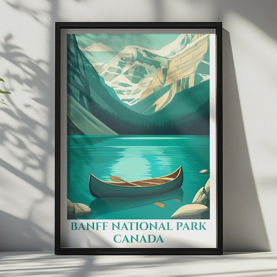 Banff National Park Canada Poster Lake Louise Canoe Retro Travel Wall Art Print