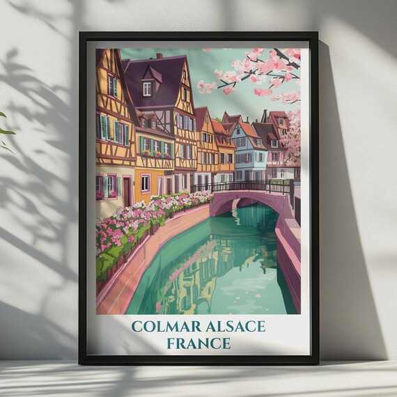 Colmar Alsace France Travel Poster Half Timbered Canal Town Blossom