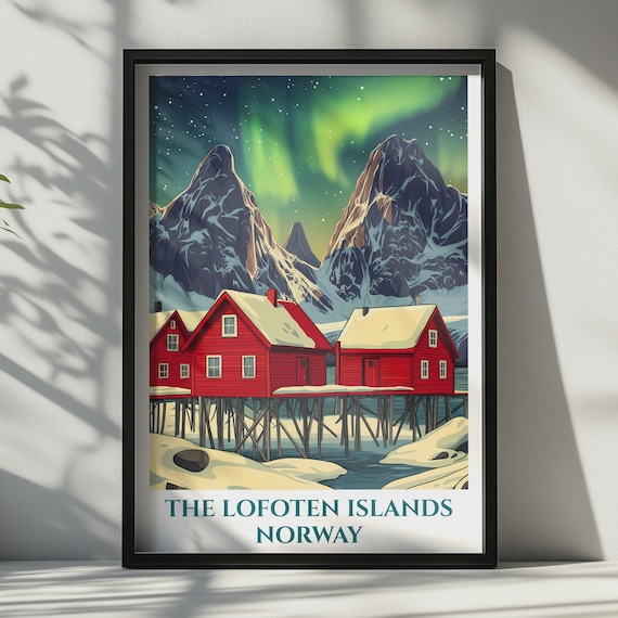 Lofoten Islands Norway Travel Poster Northern Lights Red Cabins Nordic Wall Art Print