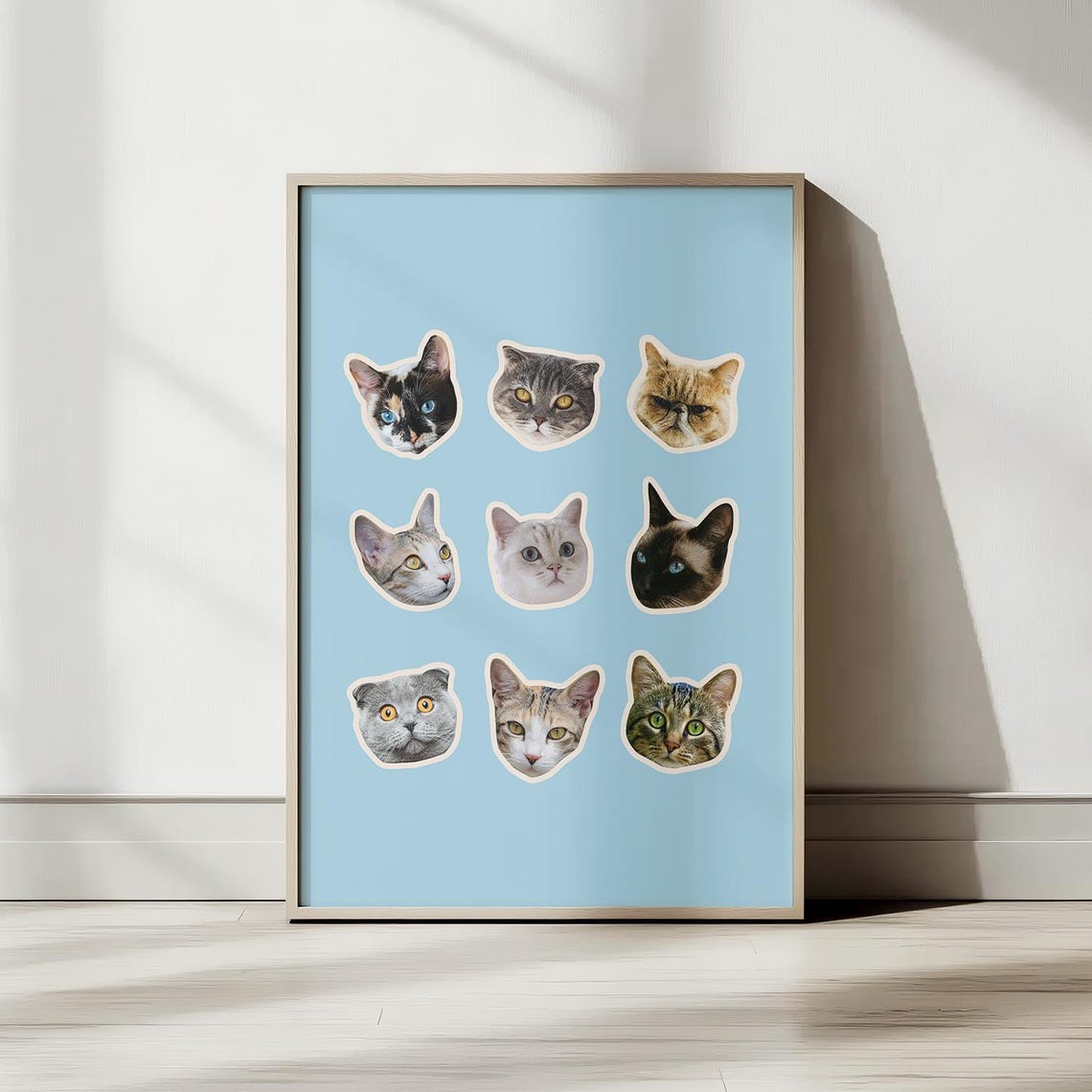Nine Adorable Cat Faces Grid Light Blue Playful Kitten Poster