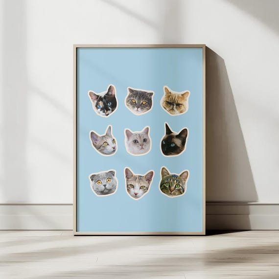 Wall Art Cute Cats Playful Cat Light Blue Funny Adorable Poster For Apartment Decor Dorm Room Prints Trending Home