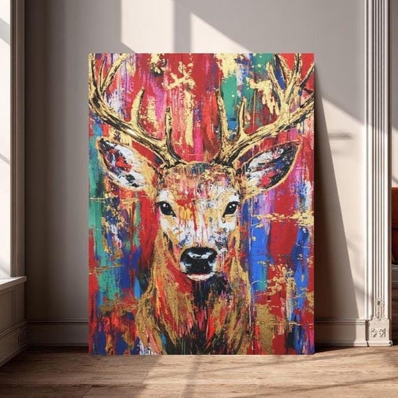 Rustic Deer Canvas Art Modern Farmhouse Animal Print Colorful Stag Painting Cabin Lodge Hunting Decor Masculine Wildlife Artwork