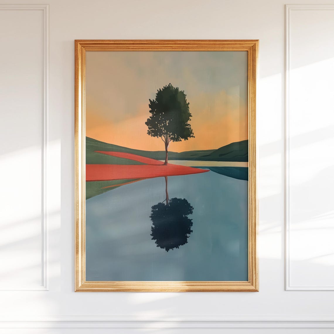 Lone Tree by a Calm Lake Sunset Reflection Minimalist Art Poster