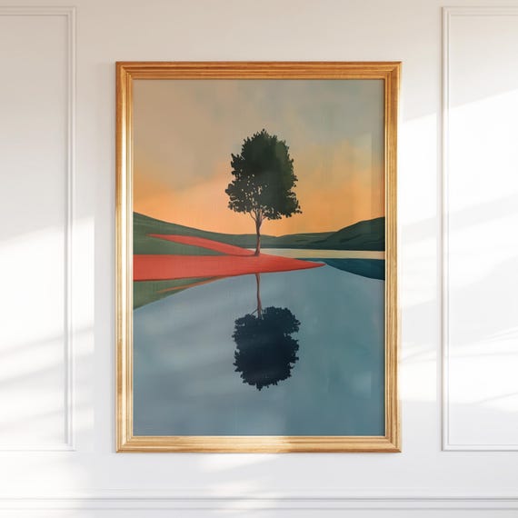 Landscape Wall Art Tree Lake Scene Nature Poster Gift For Him Modern Minimalist Home Decor Print