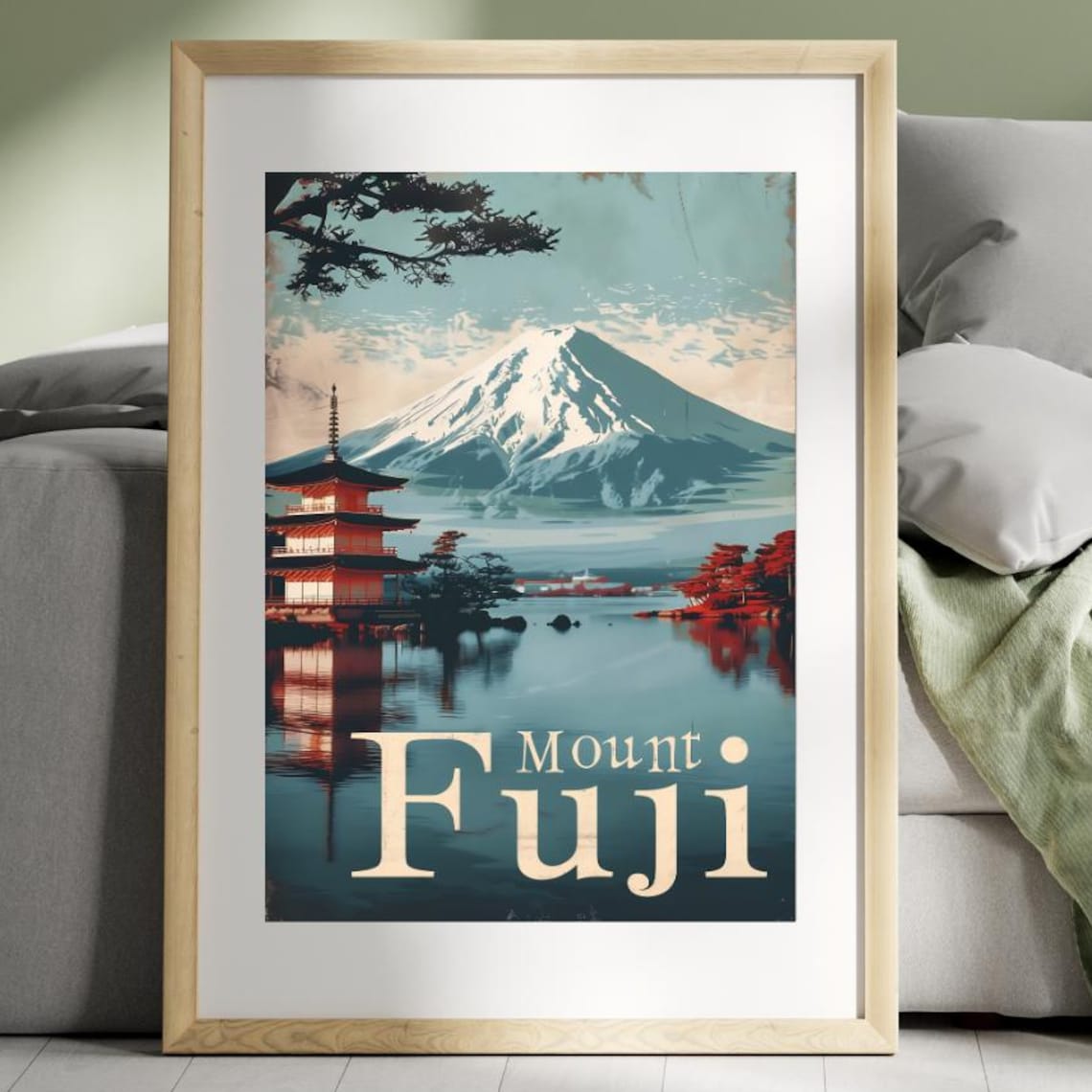 Mount Fuji Japan Vintage Travel Poster Pagoda Lake Reflection Scene