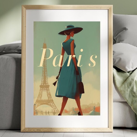 Paris Eiffel Tower Retro Travel Poster Woman In Teal Dress And Hat