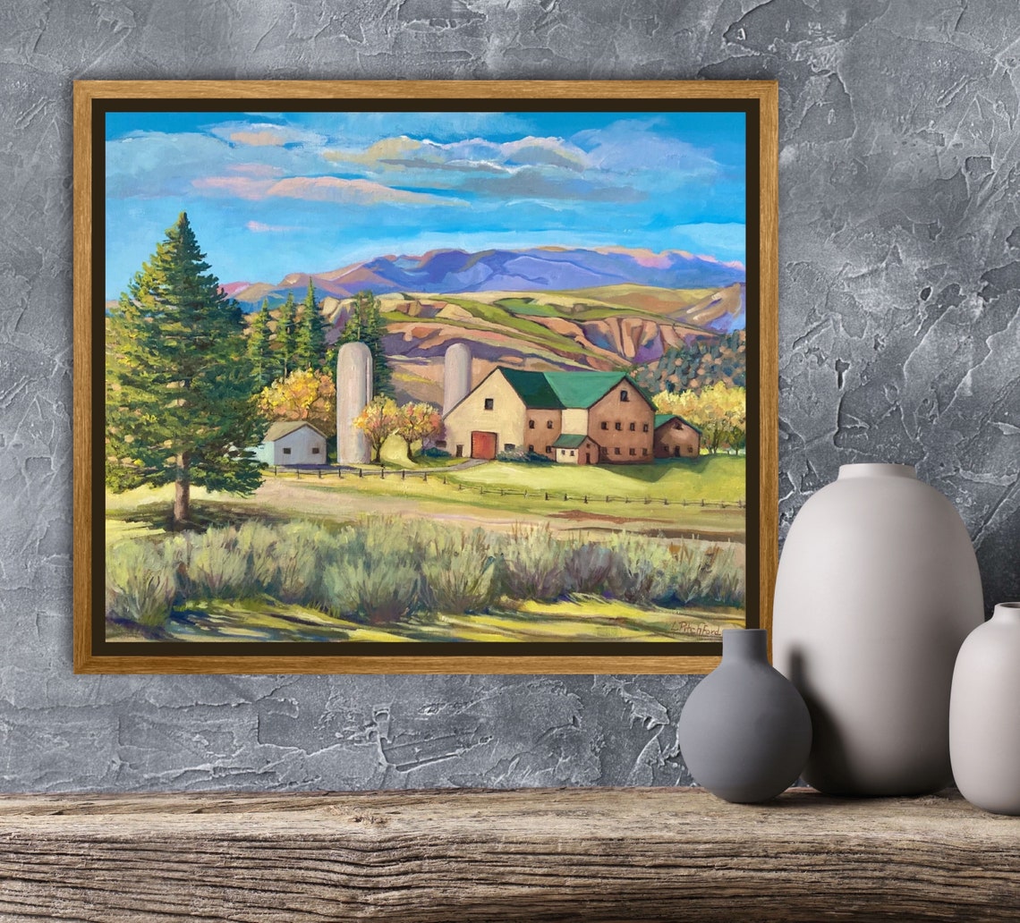 Big Farm Barn with Silos Nestled Beneath Mountain Peaks Poster