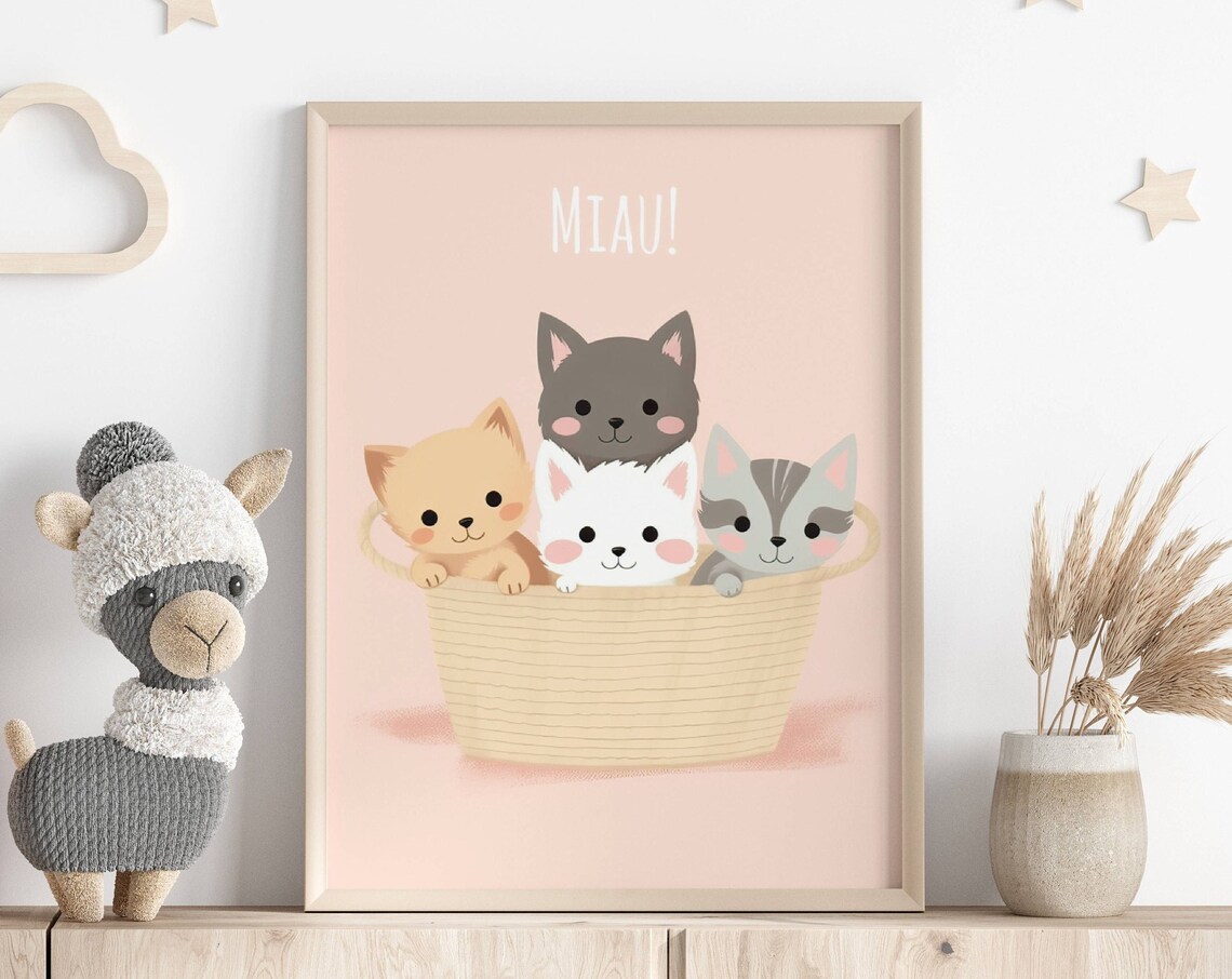 Minimalist Playful Kittens Nursery Art Print