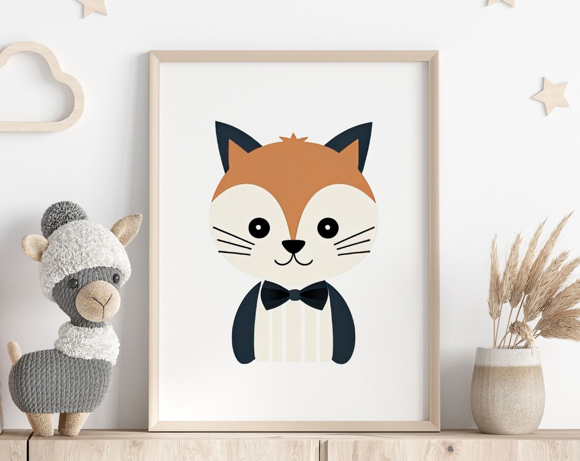 Cute Fox Face with Bow Tie Minimalist Kids Nursery Art Print