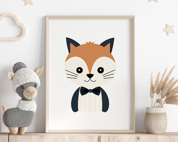 Cute Fox Face with Bow Tie Minimalist Kids Nursery Art Print