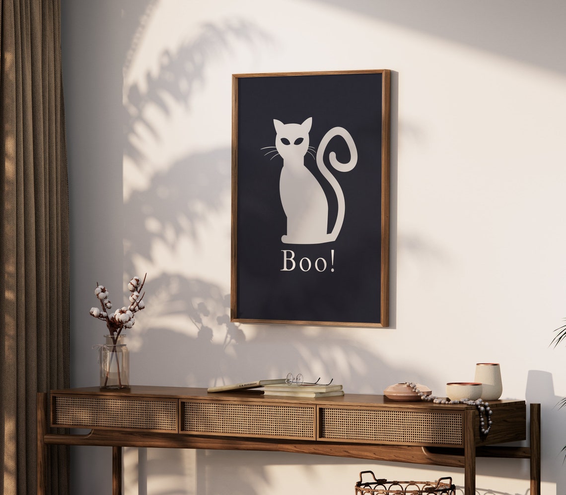 Halloween Boo White Cat Poster Spooky Black Background Wall Decor