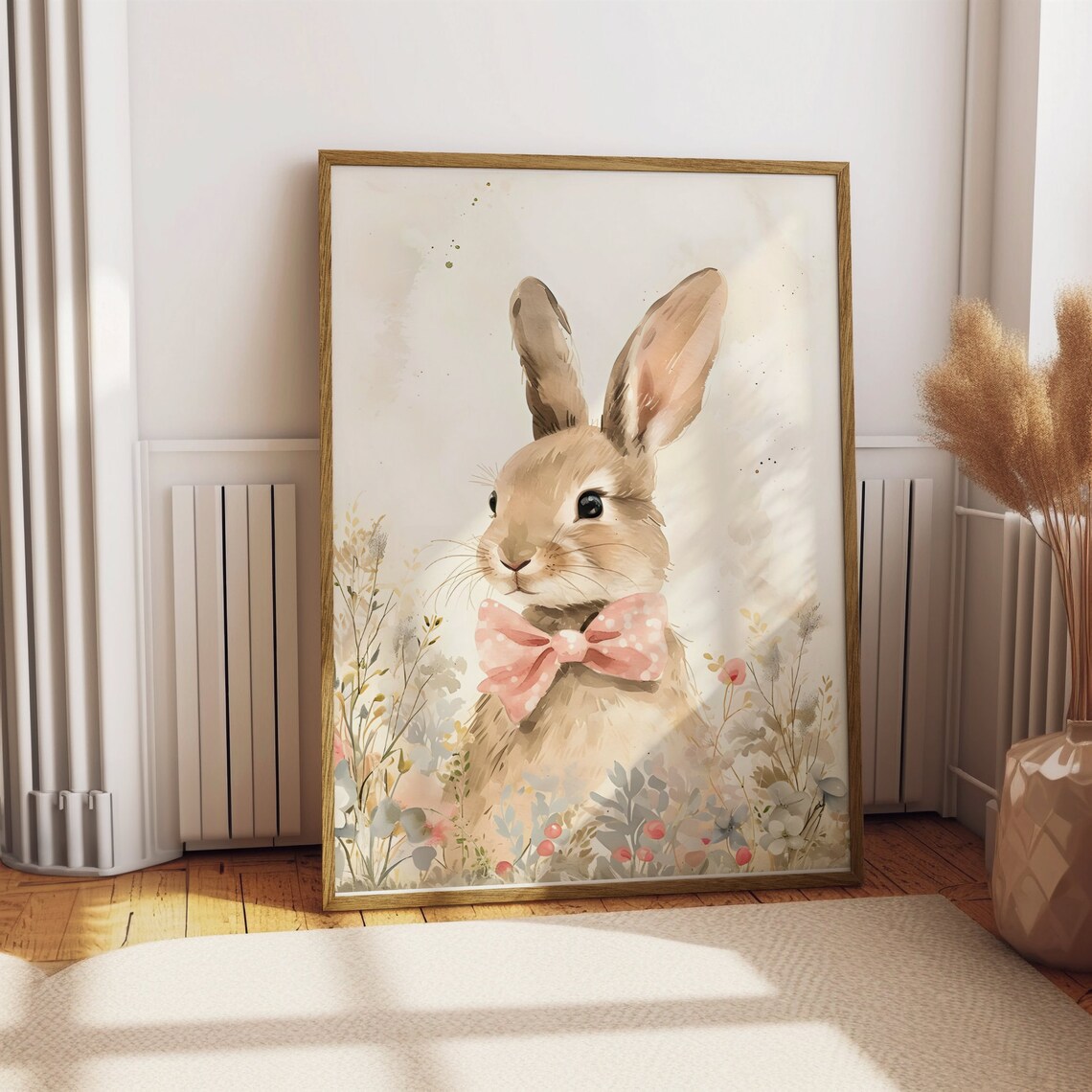 Watercolor Bunny Portrait with Pink Bow Tie Nursery Animal Poster