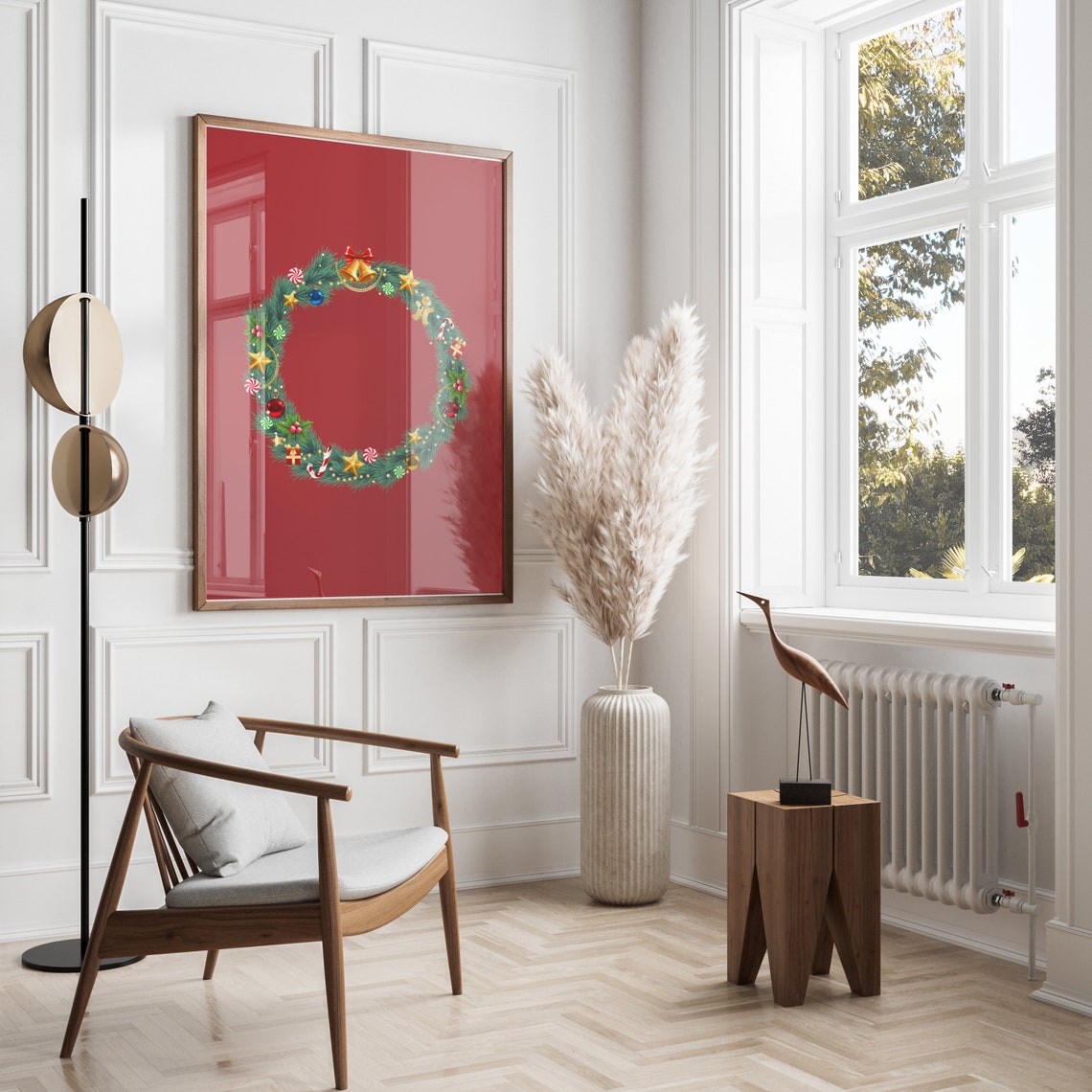 Christmas Wreath Ornaments Poster Festive Red Background Wall Decor - Image 2