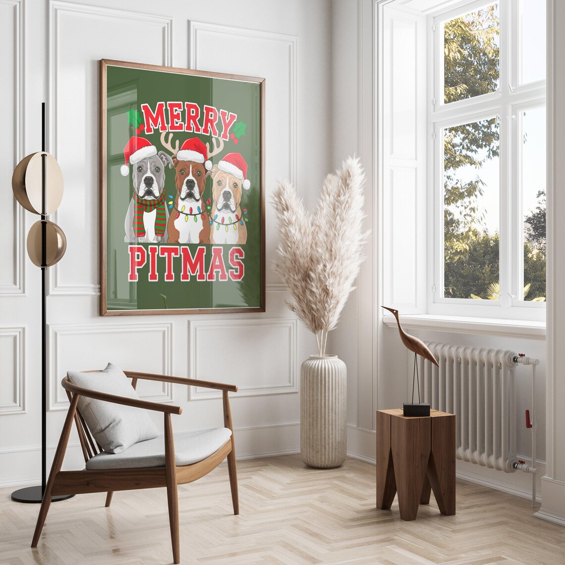 Merry Pitmas Pit Bull Christmas Poster Funny Santa Hat Dog Wall Decor - Image 2