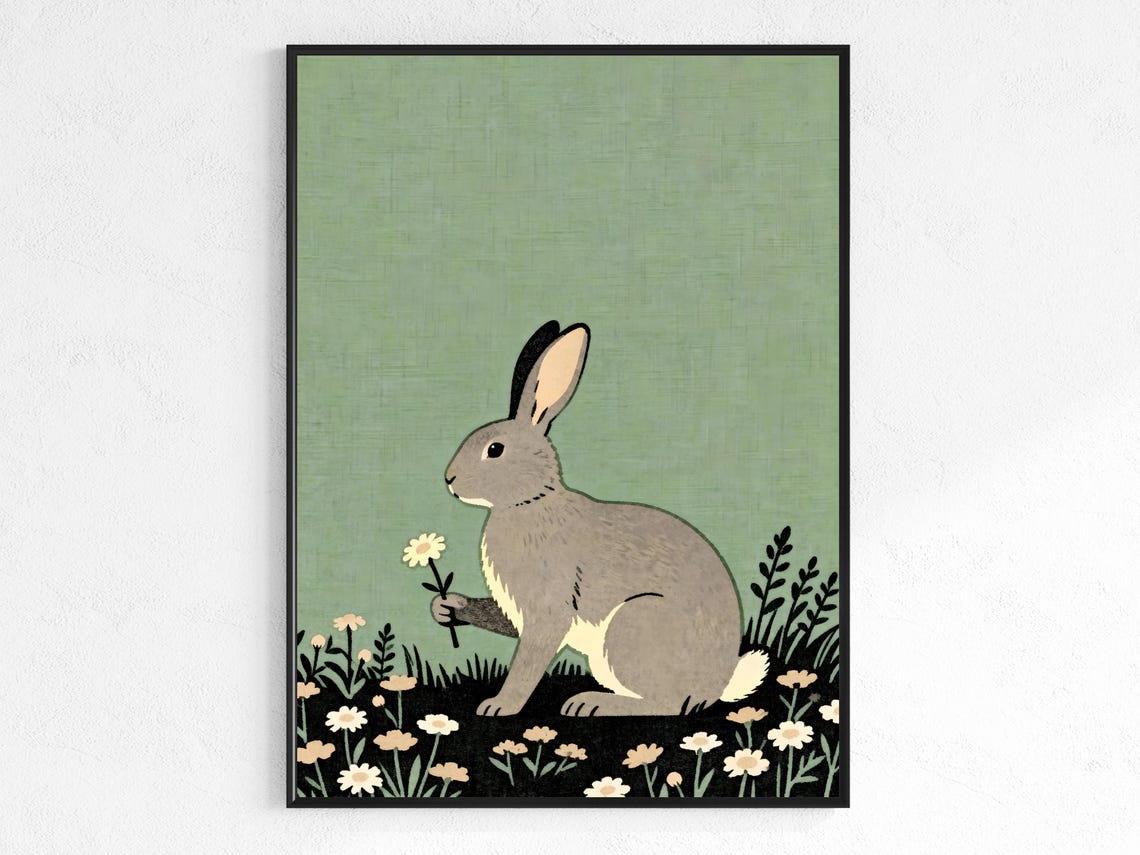 Gray Rabbit Holding Daisy Meadow Wildflower Floral Art Print
