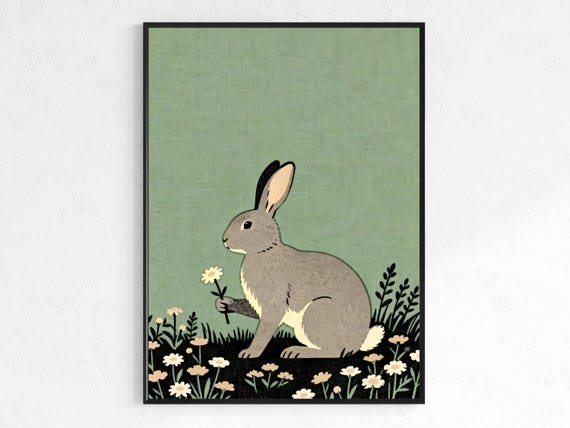 Pastel Meadow Rabbit Art Print Minimalist Floral Nature Poster