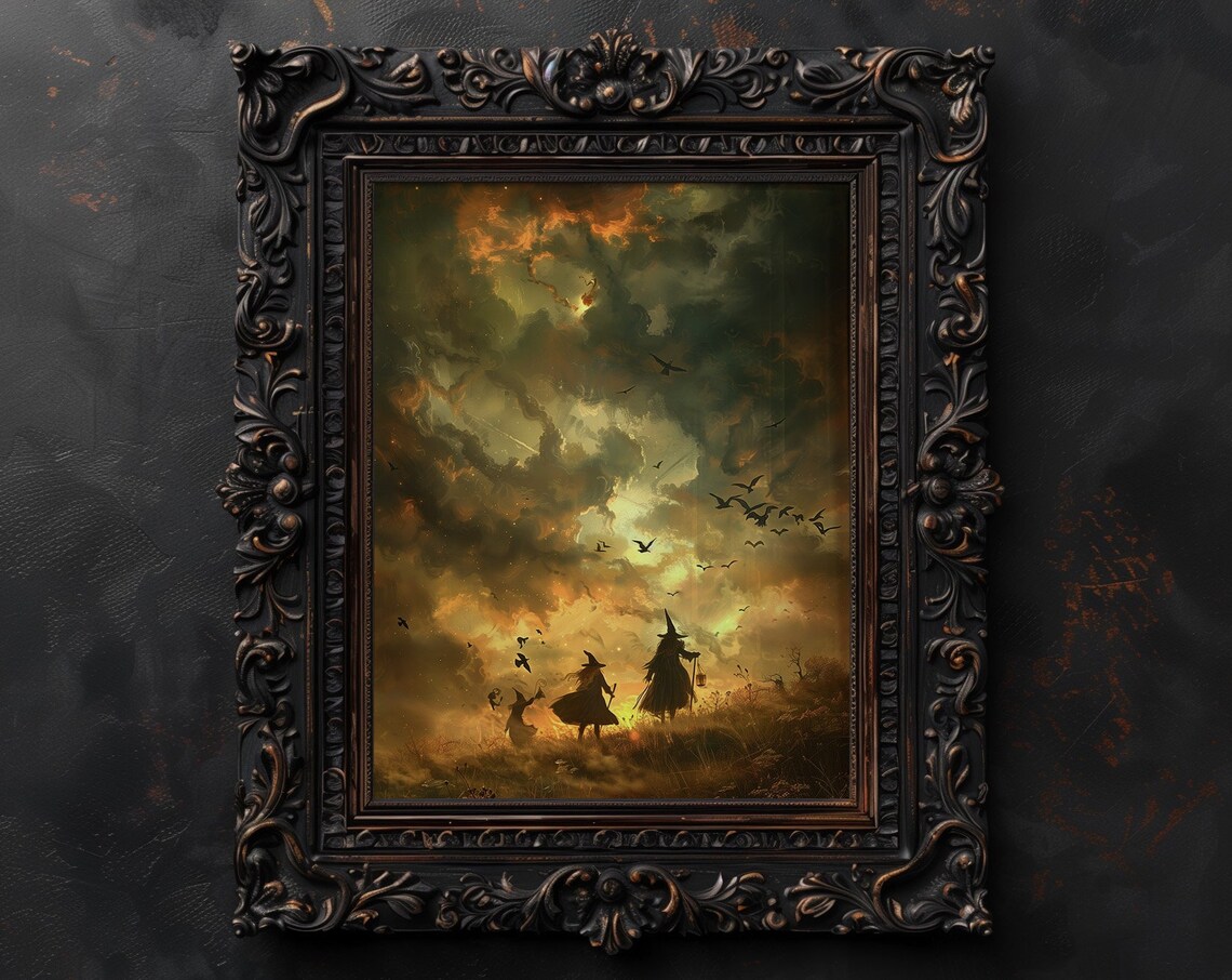 Witches Walking Golden Field Fiery Sky Fantasy Artwork Poster - Image 5