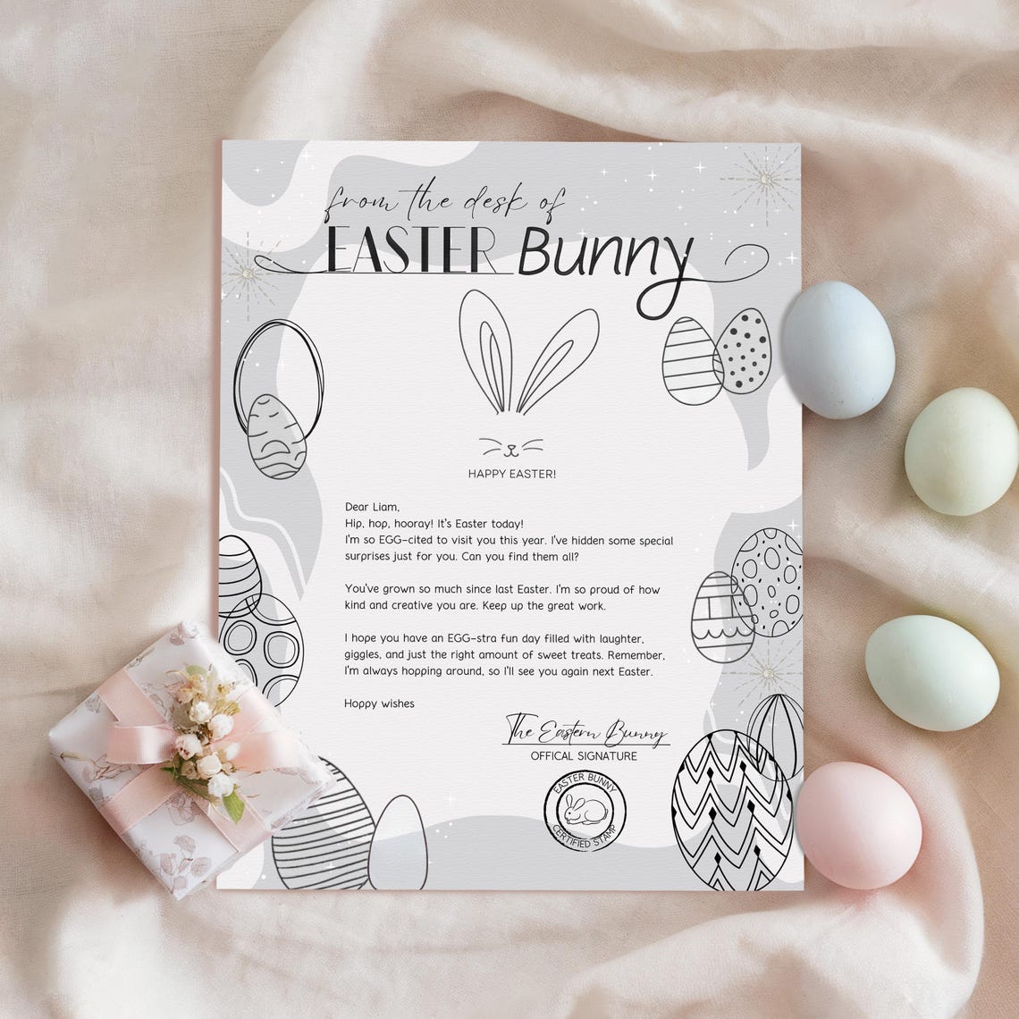 Easter Bunny Letter Black White Line Art Eggs Magic Printable Print - Image 4