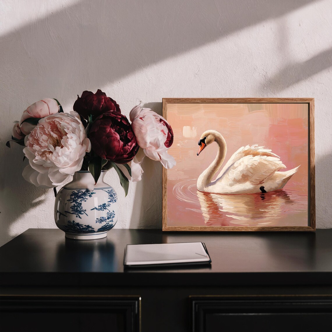 Elegant White Swan Gliding on Rose Pink Water Oil Painting Poster - Image 3