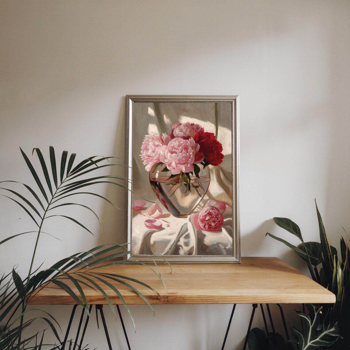 Pink Peonies in Heart Shaped Glass Vase Romantic Still Life Poster - Image 4