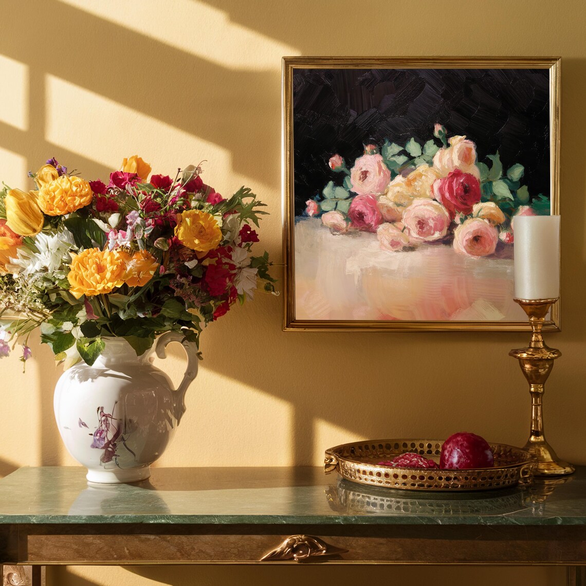 Pink Roses Bouquet Oil Painting Still Life Dark Moody Floral Poster - Image 3