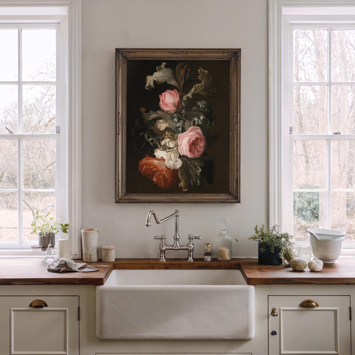 Pink Roses Dark Botanical Dutch Master Style Moody Flower Poster - Image 4
