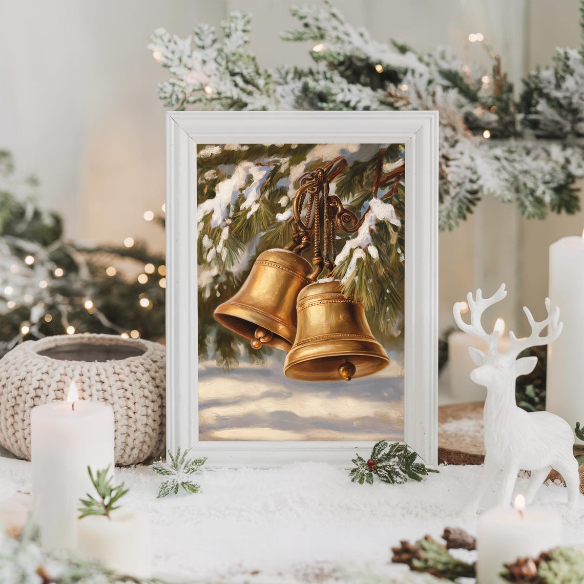 Vintage Brass Sleigh Bells Snowy Pine Branch Painting Poster - Image 2