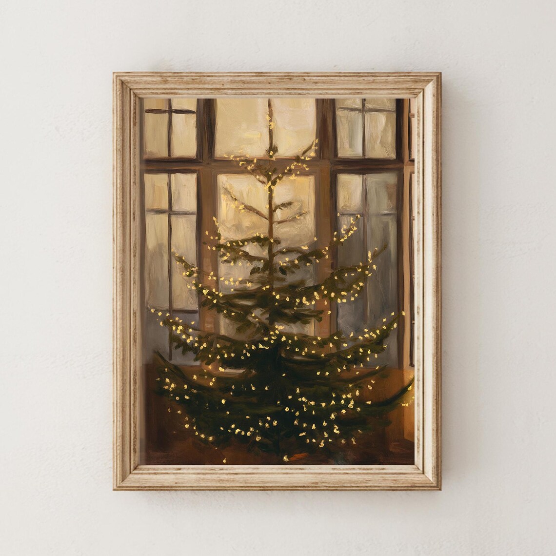 Moody Christmas Tree Fairy Lights Tall Windows Painting Poster