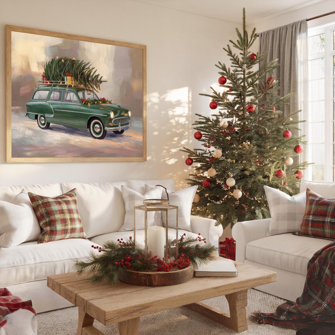 Vintage Green Station Wagon Christmas Tree Roof Painting Poster - Image 2