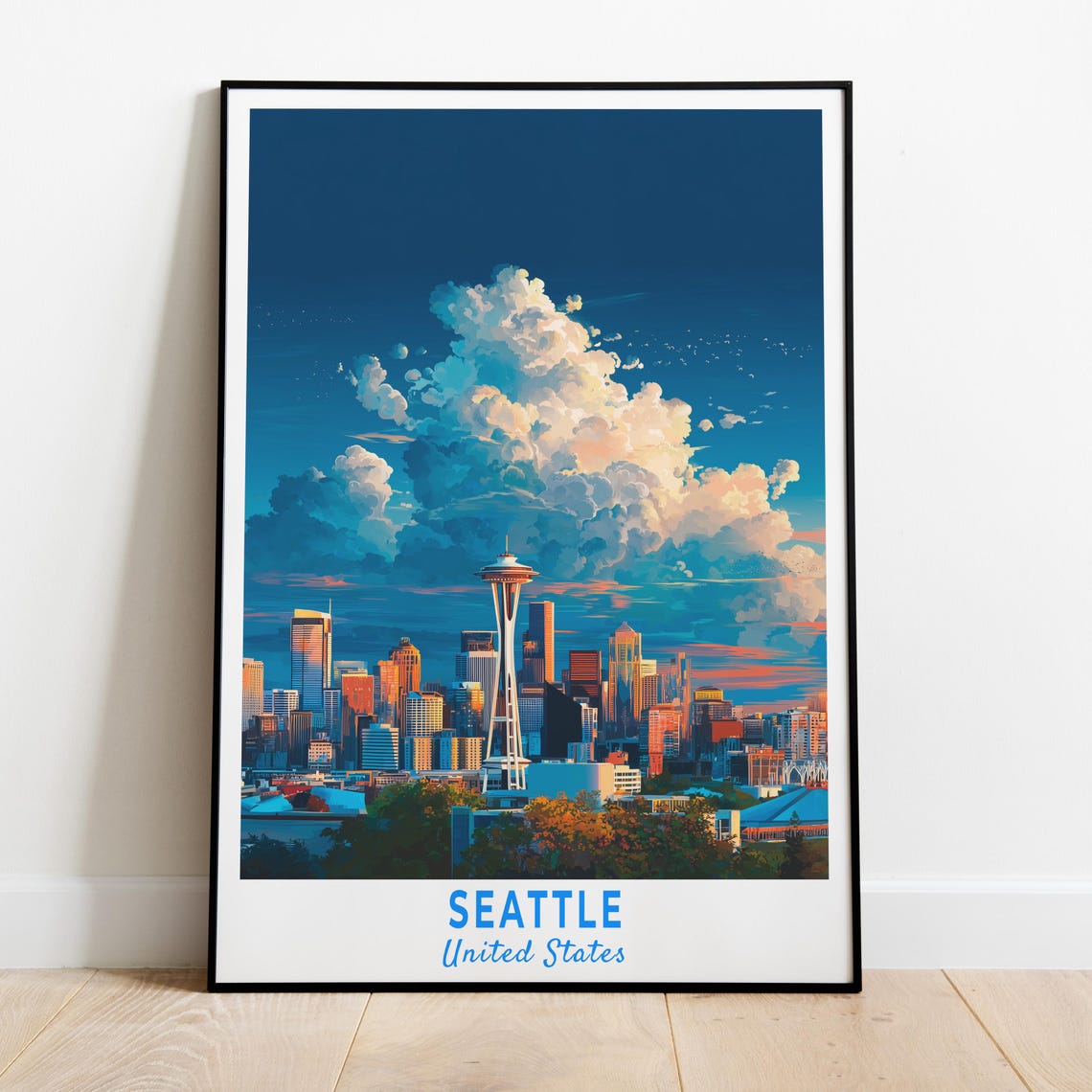 Seattle United States Space Needle Glowing Sunset Cityscape Art Poster