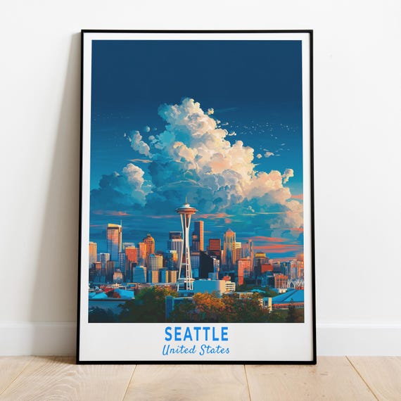 Seattle Skyline Poster Travel Print Of Puget Sound And Urban Landscape Washington Usa Gift