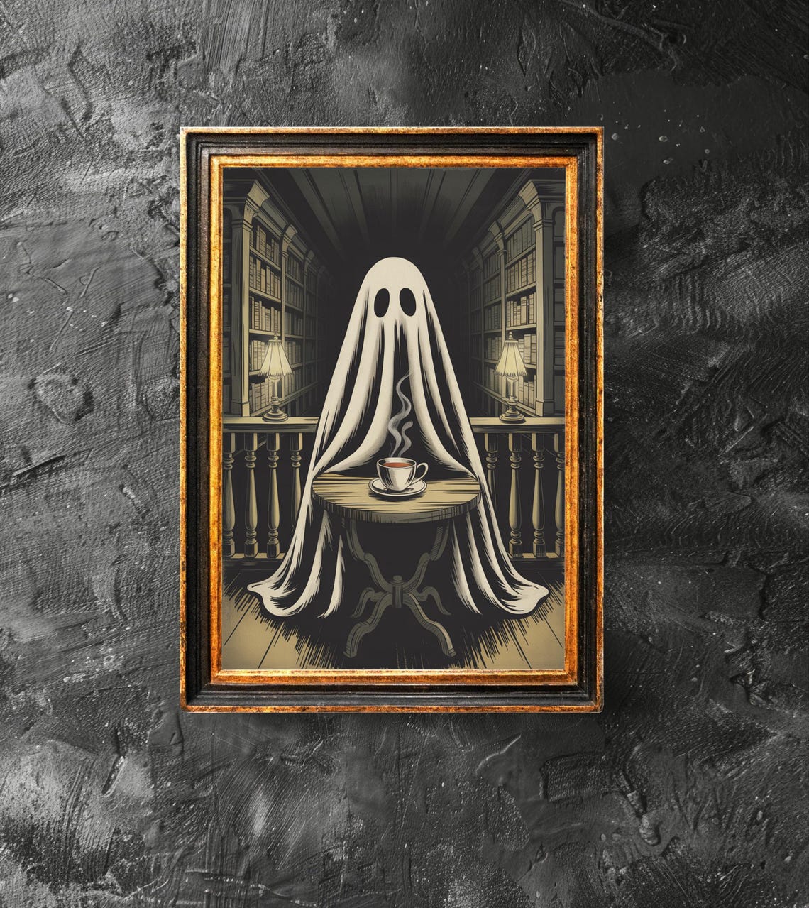 Ghost Drinking Coffee in a Dark Library Vintage Halloween Art Poster