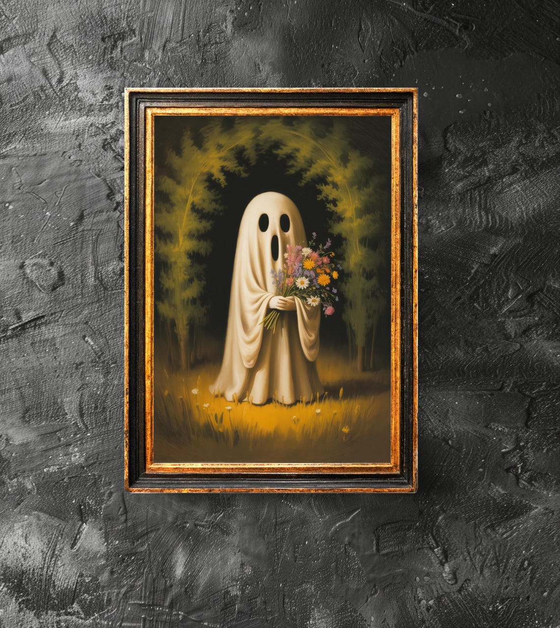 Holding Flowers In Forest Poster Spooky Wall Art Vintage Painting Halloween