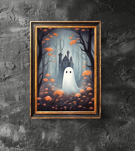 Cute Ghost in Autumn Forest with Haunted House Halloween Poster