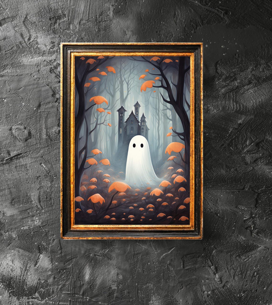 Cute Ghost in Autumn Forest with Haunted House Halloween Poster