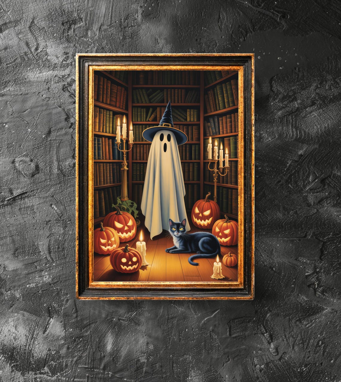 Witch Black Cat In A Library Poster Lover Gift Vintage Halloween Home Decor