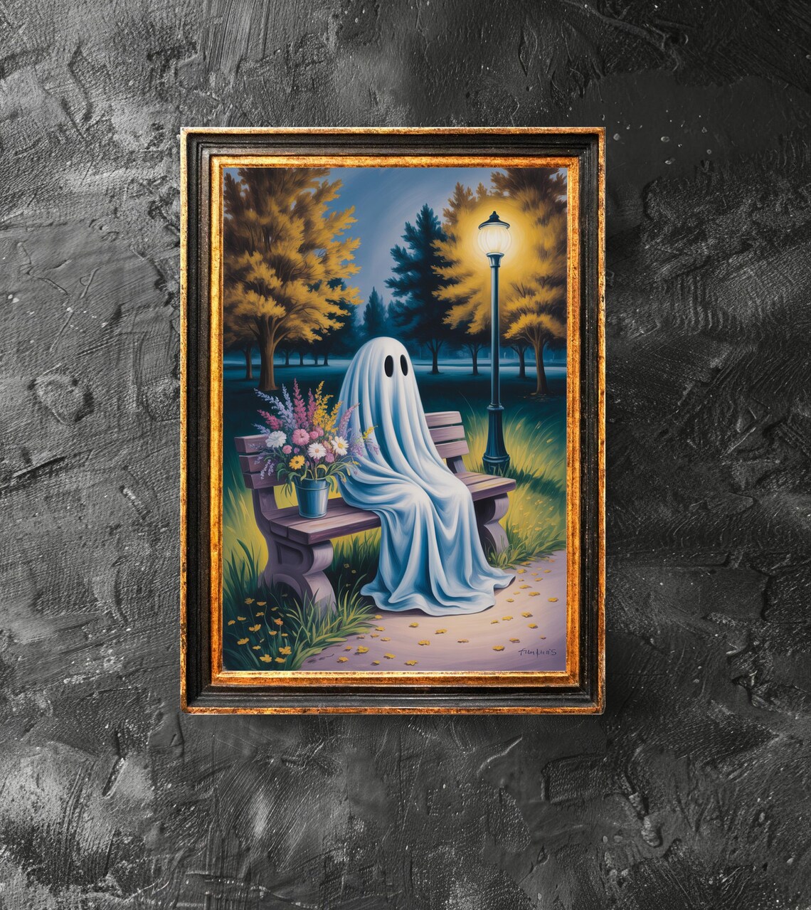 Ghost on Park Bench Night Lamp Vintage Cute Halloween Art Poster