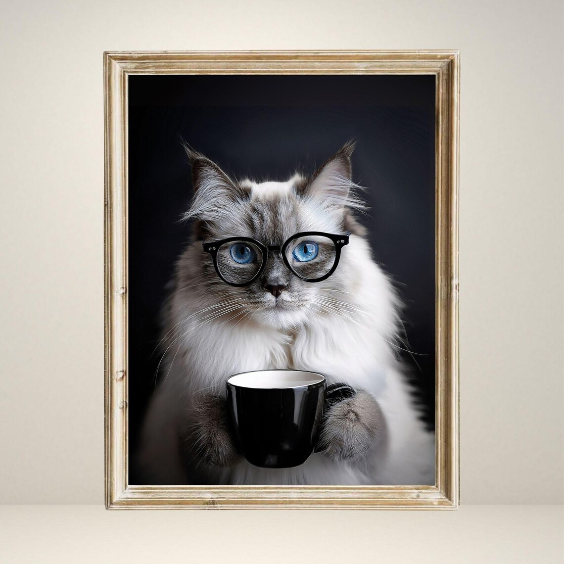 Ragdoll Cat Drinking Coffee, Funny Kitchen Art Print