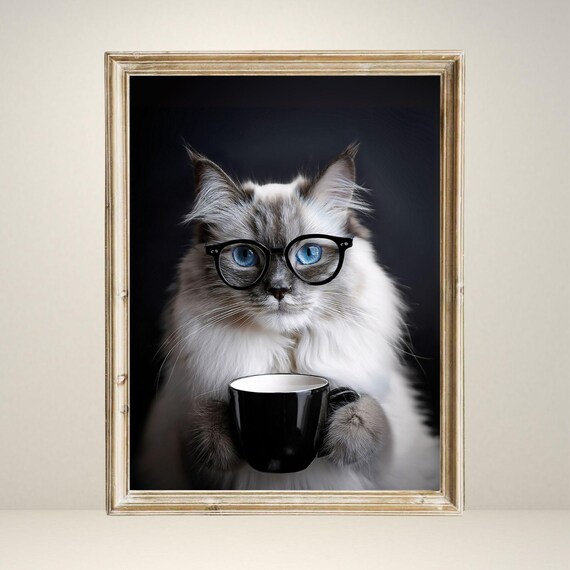 Ragdoll Cat Drinking Coffee, Funny Kitchen Art Print