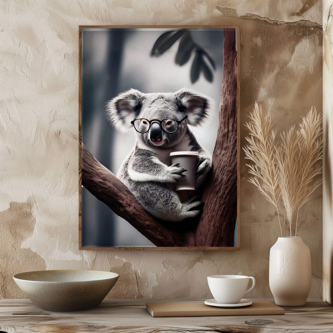 Koala Cute Animal Drinking Coffee, Vintage Poster