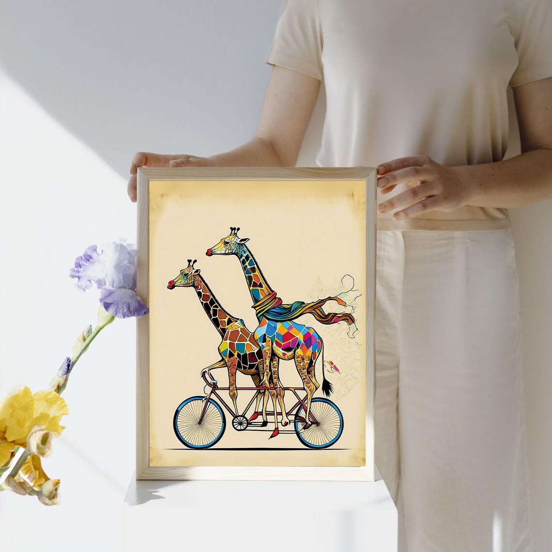 Colorful Giraffes On Bicycle, Boho Animal Art Print - Image 5