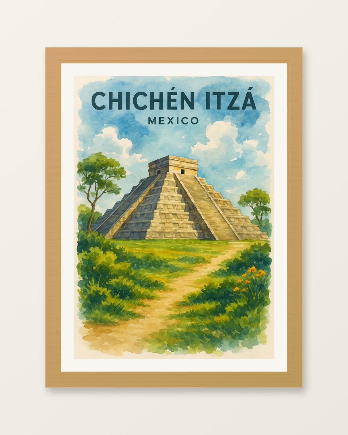 Chichen Itza Mexico Ancient Mayan Pyramid Watercolor Travel Poster