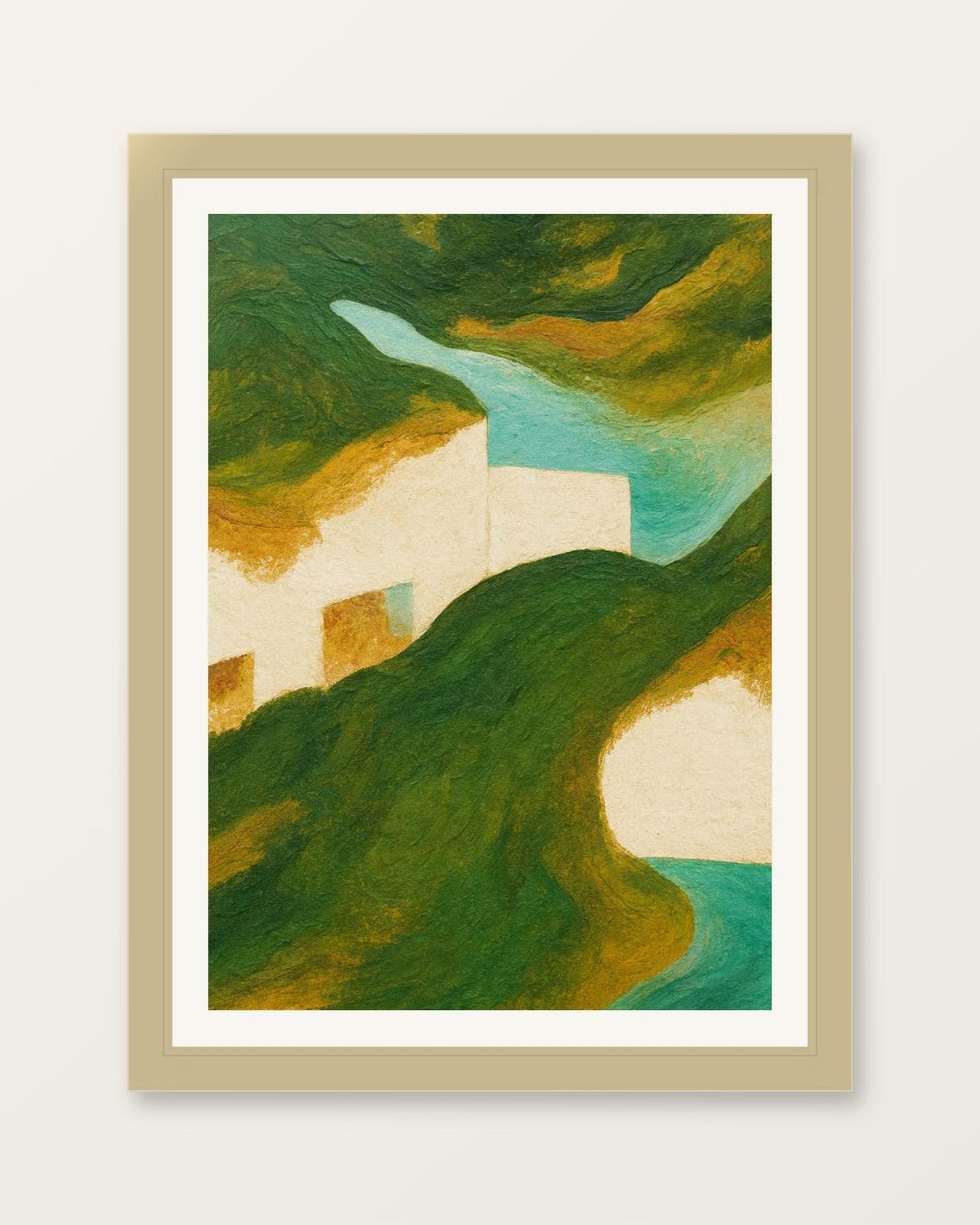 Abstract Green Hills White Village Geometric Modern Landscape Poster