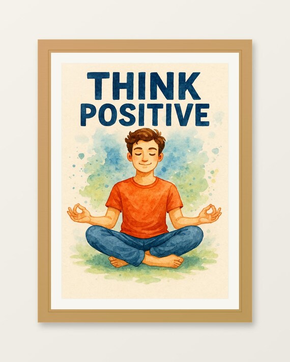 Think Positive Watercolor Meditation Boy Mindfulness Nursery Poster