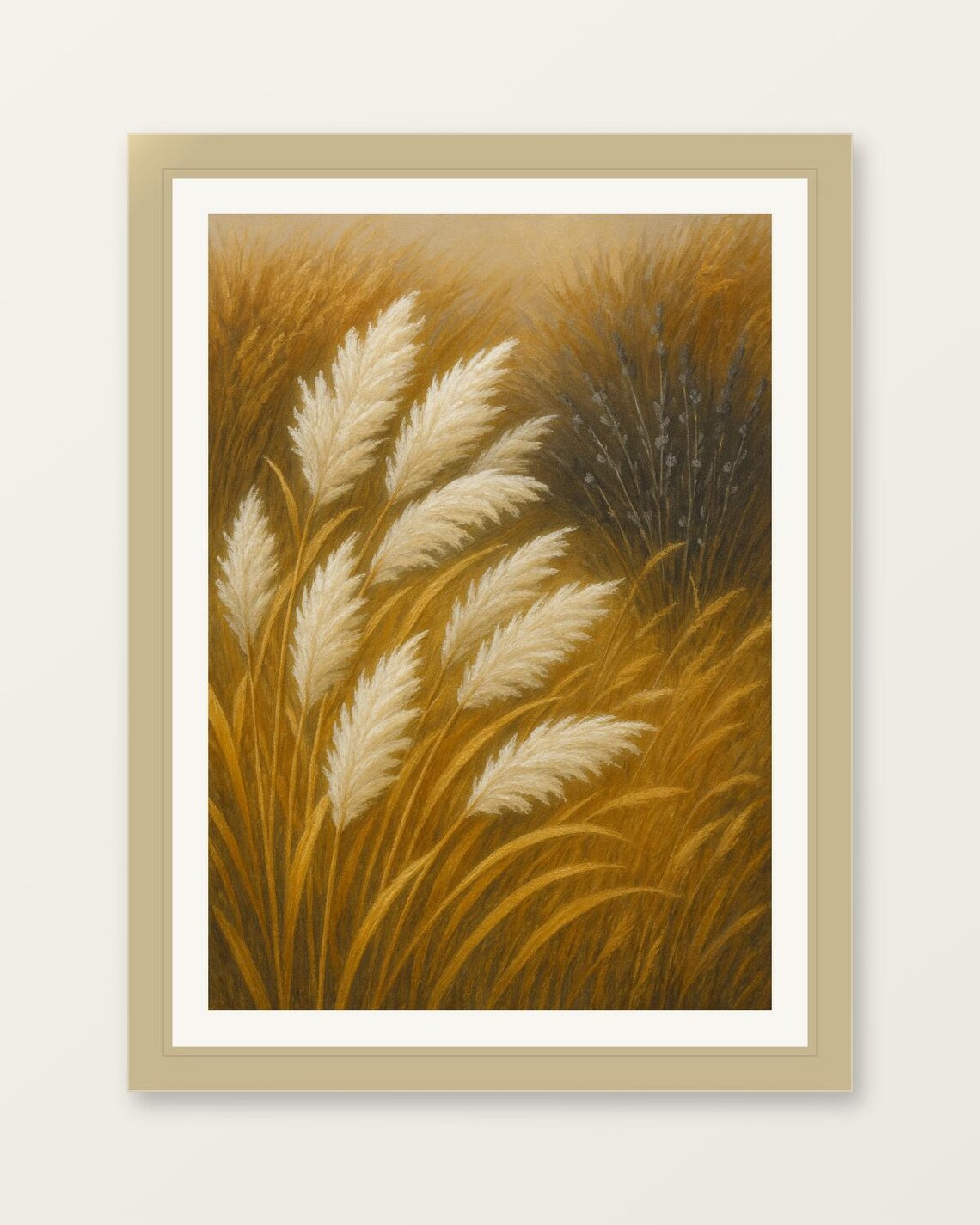 Golden Pampas Grass Botanical Painting Reeds in Warm Earth Tones Art Print