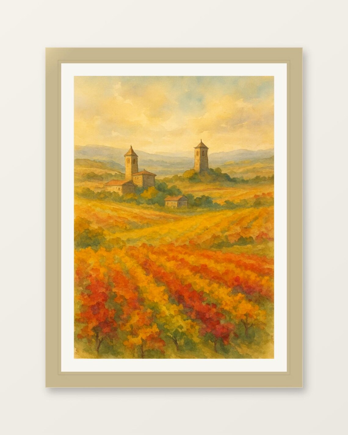 La Rioja Spain Fall Vineyard Watercolor Church Towers Travel Poster