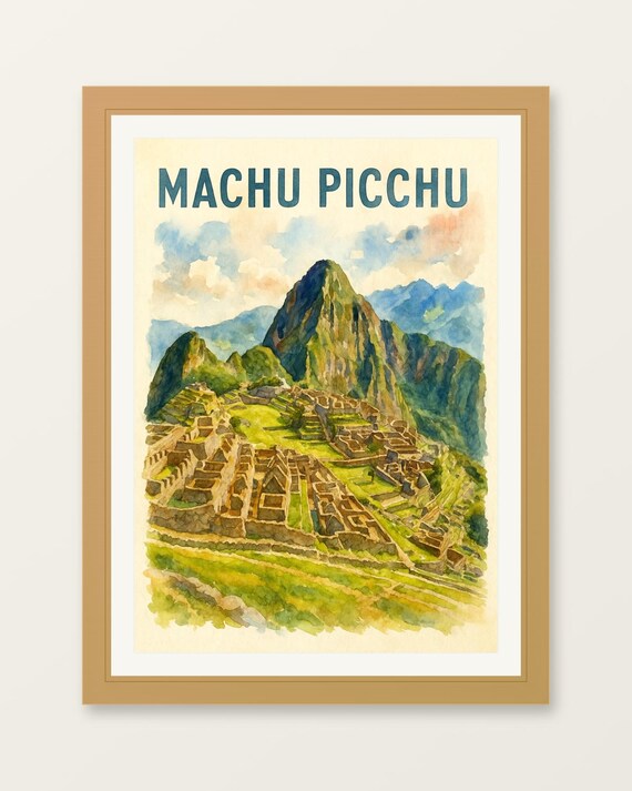 Machu Picchu Peru Watercolor Ancient Ruins Vintage Travel Poster
