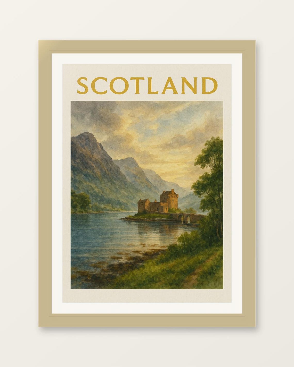 Scotland Castle on the Loch Vintage Travel Destination Art Poster
